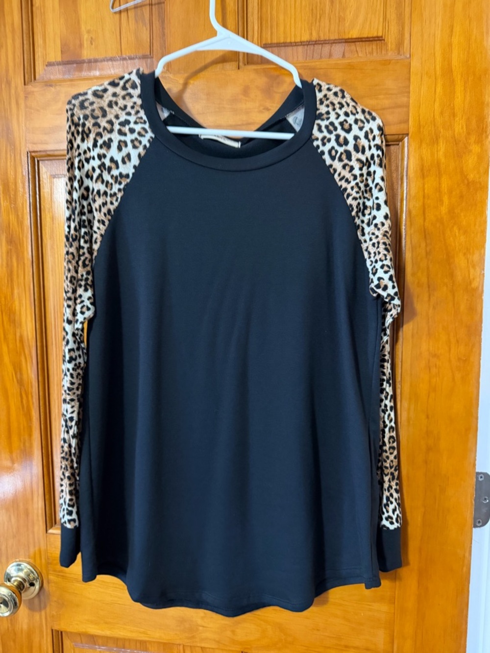 First Looks Black Long Sleeve Top with Leopard-Print Raglan Sleeves